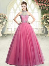 Fantastic Pink Tulle Zipper Halter Top Sleeveless Floor Length Prom Dress Beading