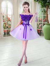  Mini Length Lavender Prom Dresses Tulle Sleeveless Beading and Appliques