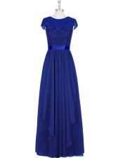 Classical Royal Blue A-line Scoop Cap Sleeves Chiffon Floor Length Zipper Lace Dress for Prom