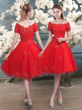  Knee Length Red Prom Party Dress Tulle Short Sleeves Lace