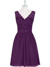  Sleeveless Chiffon Mini Length Zipper Prom Party Dress in Purple with Lace