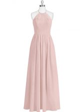 Eye-catching Baby Pink Evening Dress Prom and Party with Sequins Halter Top Sleeveless Zipper