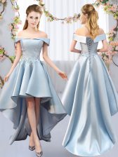 Fabulous Light Blue Satin Lace Up Court Dresses for Sweet 16 Sleeveless High Low Appliques