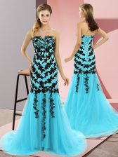  Aqua Blue Prom Gown Tulle Sweep Train Sleeveless Appliques