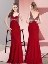Elegant Red Mermaid Straps Sleeveless Chiffon Floor Length Backless Beading Prom Gown