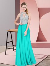 Enchanting Turquoise Backless Halter Top Beading and Lace Prom Gown Satin Sleeveless