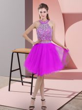 Charming Purple Sleeveless Knee Length Beading Backless Homecoming Dress