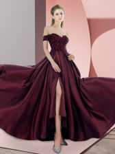 Elegant Burgundy Prom Gown Off The Shoulder Sleeveless Sweep Train Zipper