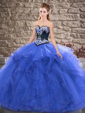 Exquisite Blue Sleeveless Floor Length Beading and Embroidery Lace Up Ball Gown Prom Dress