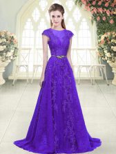  Scoop Cap Sleeves Prom Dress Brush Train Lace and Appliques Purple Tulle