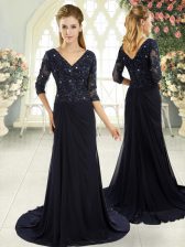  Navy Blue Half Sleeves Beading and Lace and Appliques Zipper Dress for Prom