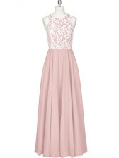 Chic Pink Chiffon Zipper Evening Dress Sleeveless Floor Length Lace and Appliques