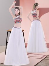 Enchanting Floor Length White Dress for Prom High-neck Sleeveless Lace Up