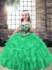  Sleeveless Organza Floor Length Lace Up Winning Pageant Gowns in Green with Embroidery and Ruffles