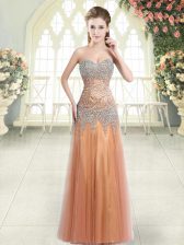  Orange Column/Sheath Sweetheart Sleeveless Tulle Floor Length Zipper Beading Homecoming Dress
