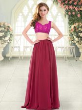 Delicate Sleeveless Floor Length Beading and Lace Zipper Prom Gown with Wine Red