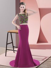 Modest Fuchsia Sleeveless Satin Sweep Train Backless Evening Dress for Prom and Party