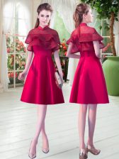 Traditional Knee Length Red Dress for Prom Satin Short Sleeves Lace