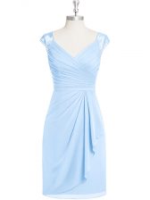 Top Selling Light Blue Column/Sheath V-neck Cap Sleeves Chiffon Knee Length Zipper Appliques and Ruching Prom Party Dress