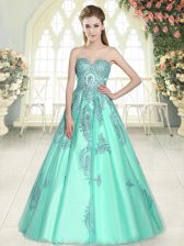 Captivating Apple Green Sleeveless Floor Length Appliques Lace Up Prom Dress