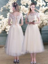 Eye-catching Tulle Short Sleeves Tea Length Prom Gown and Lace
