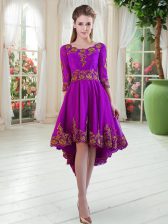 Dazzling Satin Scoop Long Sleeves Embroidery Dress for Prom in Purple