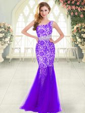 Glamorous Purple Mermaid Tulle One Shoulder Sleeveless Beading and Lace Floor Length Zipper Prom Dresses
