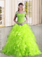 Gorgeous Sleeveless Beading and Lace and Ruffles Lace Up 15 Quinceanera Dress with Yellow Green Sweep Train