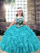  Embroidery and Ruffles Winning Pageant Gowns Aqua Blue and Turquoise Lace Up Sleeveless Floor Length
