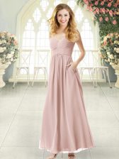 Dazzling Chiffon Spaghetti Straps Sleeveless Criss Cross Ruching Prom Dress in Pink 