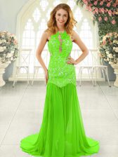 Perfect Mermaid Chiffon Scoop Sleeveless Lace Backless Prom Party Dress Brush Train
