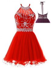 Latest Halter Top Sleeveless Tulle Prom Party Dress Beading Backless