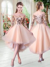 Popular High Low Peach Dress for Prom Tulle 3 4 Length Sleeve Sequins