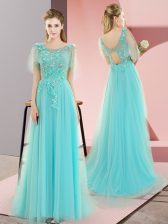 Excellent Aqua Blue Tulle Backless Prom Dress Sleeveless Sweep Train Appliques