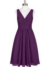 Nice Knee Length Purple Homecoming Dress V-neck Sleeveless Zipper