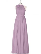 Fitting High-neck Sleeveless Prom Dress Floor Length Ruching Purple