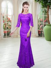 Deluxe Purple Mermaid Scoop Half Sleeves Lace Floor Length Zipper Homecoming Dress