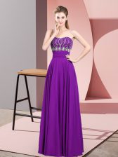 Pretty Purple Chiffon Zipper Strapless Sleeveless Floor Length Dress for Prom Beading