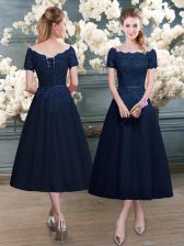  Navy Blue Zipper Prom Party Dress Lace Short Sleeves Tea Length