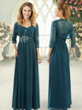 Fashionable Teal Short Sleeves Chiffon Sweep Train Zipper Dress for Prom for Prom and Party