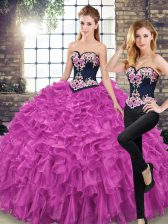 Beauteous Fuchsia Lace Up Sweetheart Embroidery and Ruffles 15th Birthday Dress Organza Sleeveless Sweep Train