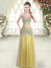  Gold Sleeveless Floor Length Beading Zipper Prom Gown