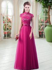 Romantic Lace Prom Dresses Hot Pink Lace Up Short Sleeves Floor Length