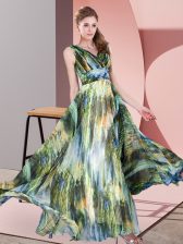  Multi-color Empire Pattern Dress for Prom Lace Up Printed Sleeveless Floor Length