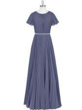 Popular Scoop Short Sleeves Chiffon Dress for Prom Beading and Pleated Zipper