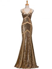  V-neck Sleeveless Evening Dress Sweep Train Ruching Brown Sequined