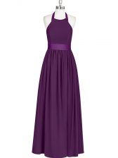 Free and Easy Halter Top Sleeveless Prom Evening Gown Floor Length Ruching Eggplant Purple Chiffon