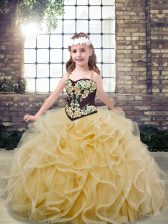  Sleeveless Tulle Floor Length Lace Up Pageant Dress for Girls in Champagne with Embroidery and Ruffles