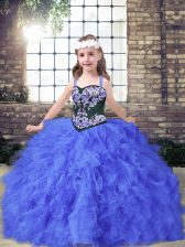 Superior Blue Tulle Lace Up Pageant Dress for Womens Sleeveless Floor Length Embroidery and Ruffles