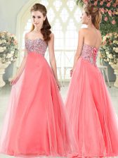 Custom Design A-line Prom Party Dress Watermelon Red Sweetheart Tulle Sleeveless Floor Length Lace Up